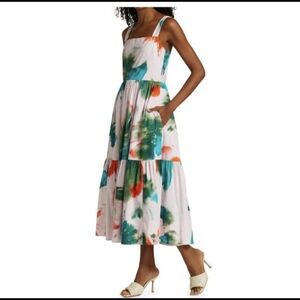Tanya Taylor White Midi Dress with Green & Orange Watercolor Print
